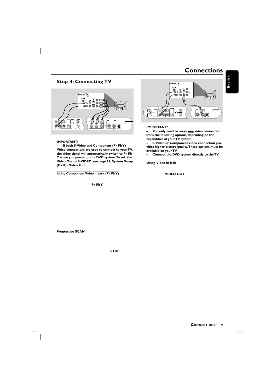 Connections, Step 4: connecting tv, Audio out s-video in video in y | 9english | Philips LX3750 User Manual | Page 9 / 33