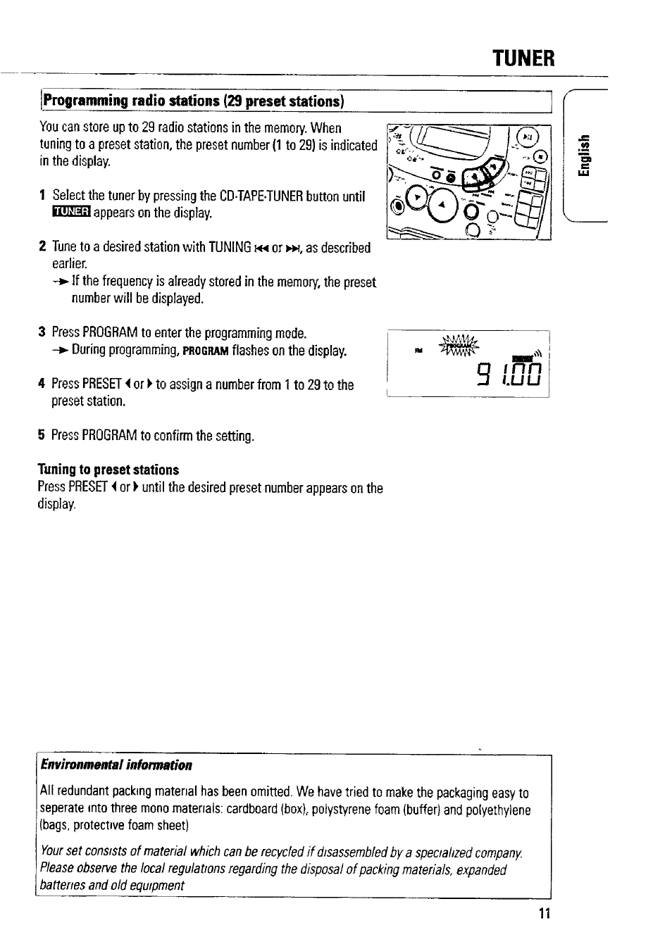 Tuner, Programming radio stations (29 preset stations), I n n | Philips AZ1509-17 User Manual | Page 11 / 24