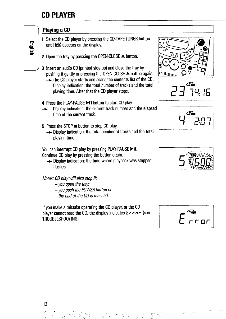 Playing a cd, Cd player | Philips AZ1509-17 User Manual | Page 12 / 24