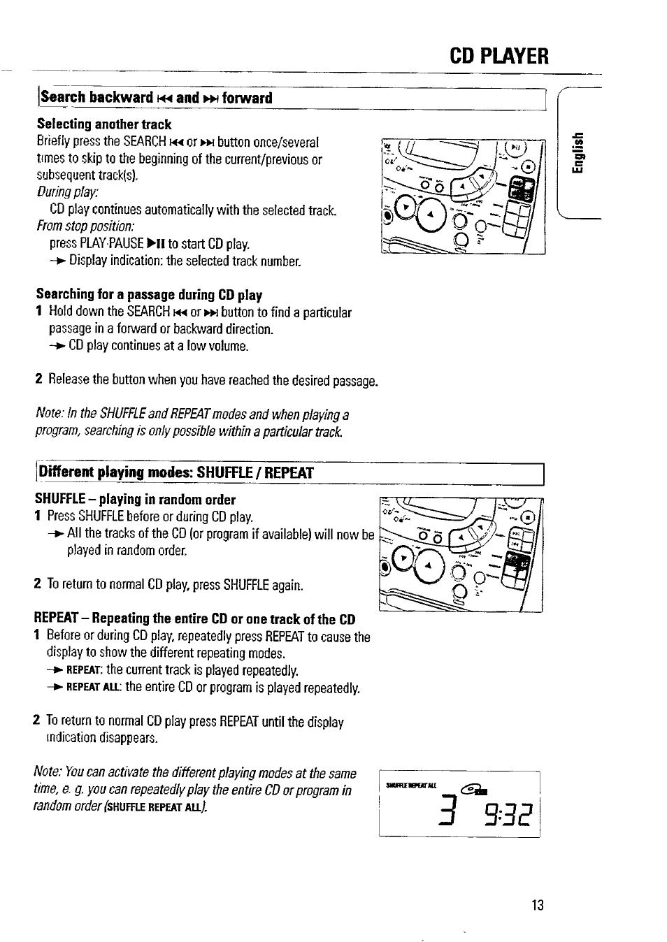 Search backward and »x forward, Different playing modes: shuffle / repeat, Cd player | 3 b 3e | Philips AZ1509-17 User Manual | Page 13 / 24