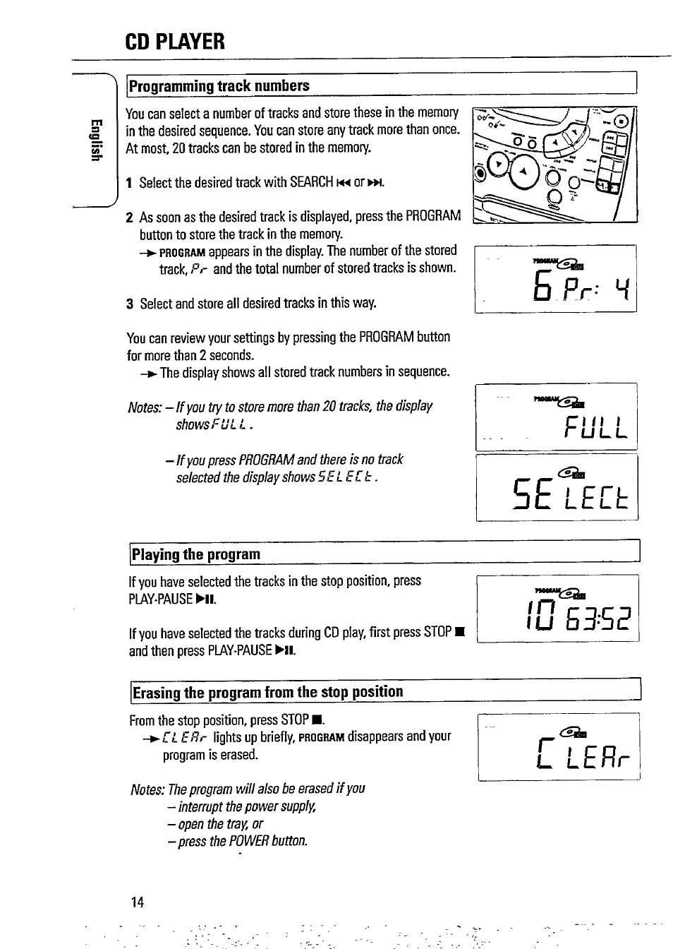 Programming track numbers, Playing the program, Erasing the program from the stop position | Cd player, L u b 3s e | Philips AZ1509-17 User Manual | Page 14 / 24