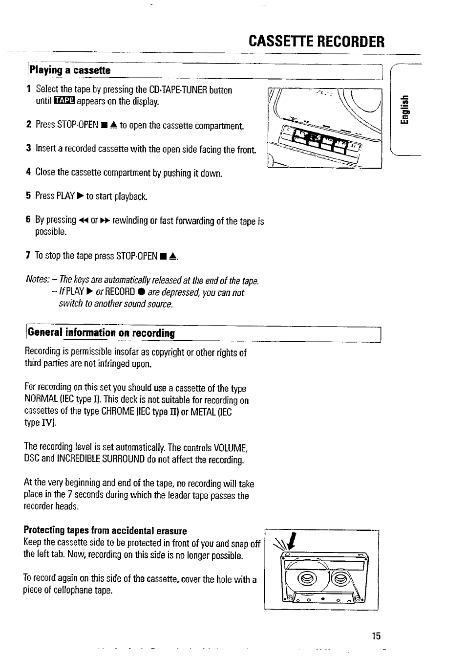 Cassette recorder, I playing a cassette, General infonnation on recording | Platine cassette -32 | Philips AZ1509-17 User Manual | Page 15 / 24