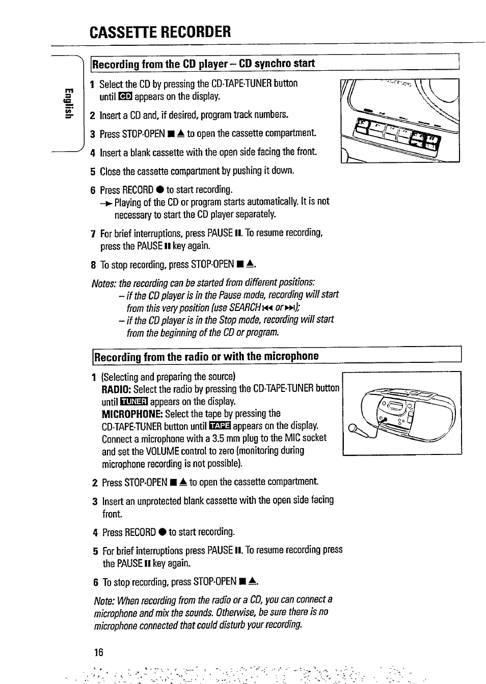 Cassehe recorder, Recording from the cd player - cd synchro start, Recording from the radio or with the microphone | Philips AZ1509-17 User Manual | Page 16 / 24