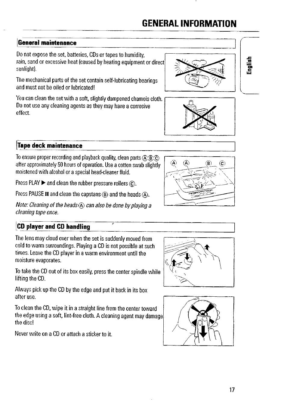 General maintenance, Tape deck maintenance, Cd player and cd handling | General information | Philips AZ1509-17 User Manual | Page 17 / 24