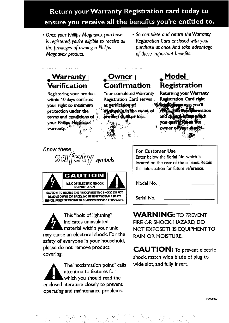 Warranty i verification, Owner i confirmation, Model | Registration, Warning, Caution | Philips AZ1509-17 User Manual | Page 2 / 24