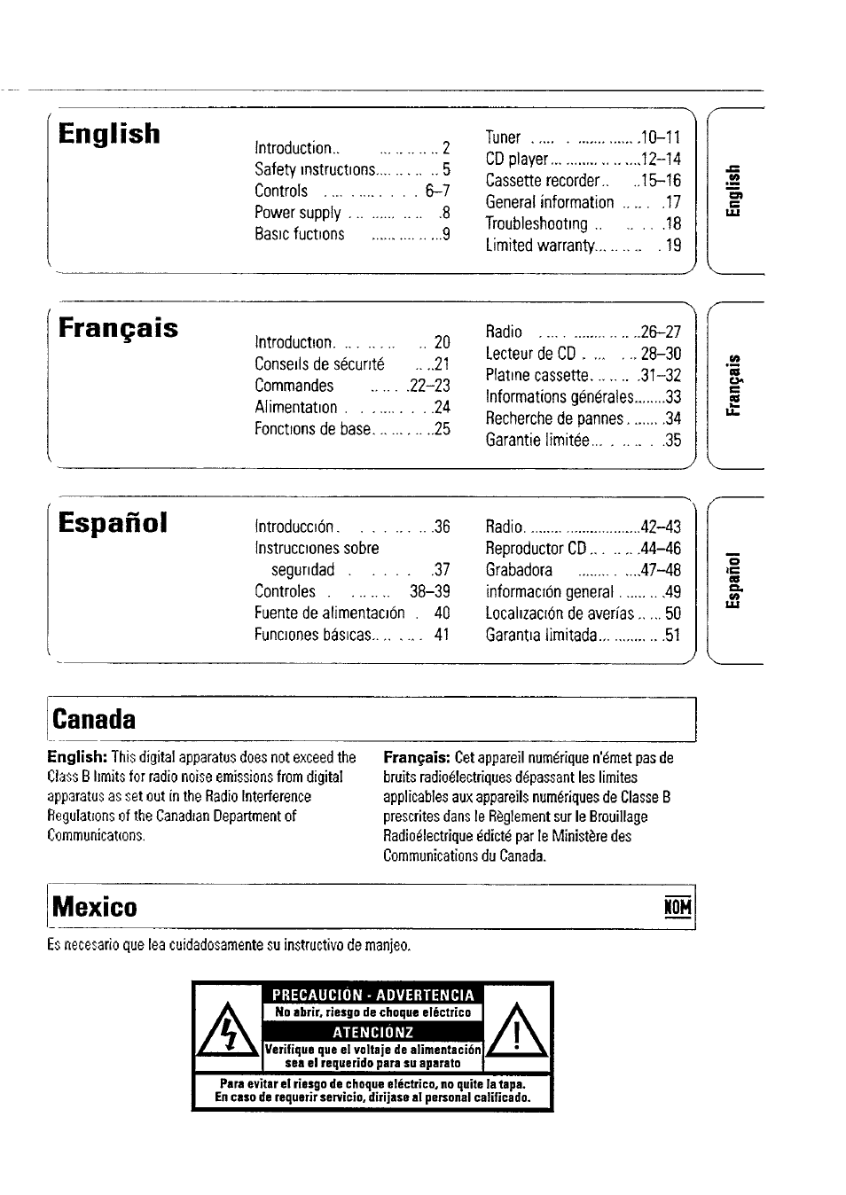 English, Français, Español | Canada, Mexico, English français | Philips AZ1509-17 User Manual | Page 3 / 24