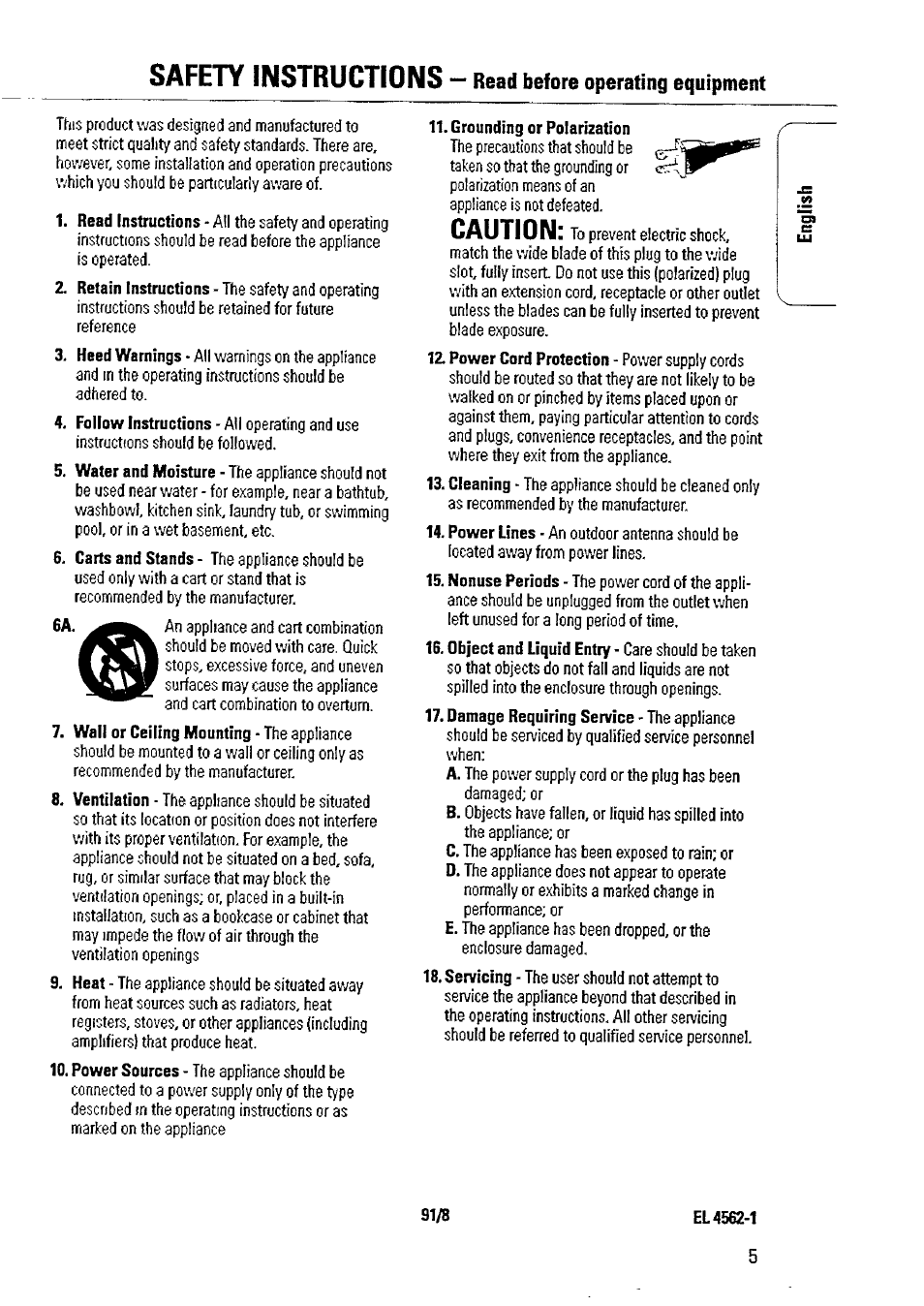 Grounding or polarization, El 4562-1, Safety instructions | Caution | Philips AZ1509-17 User Manual | Page 5 / 24