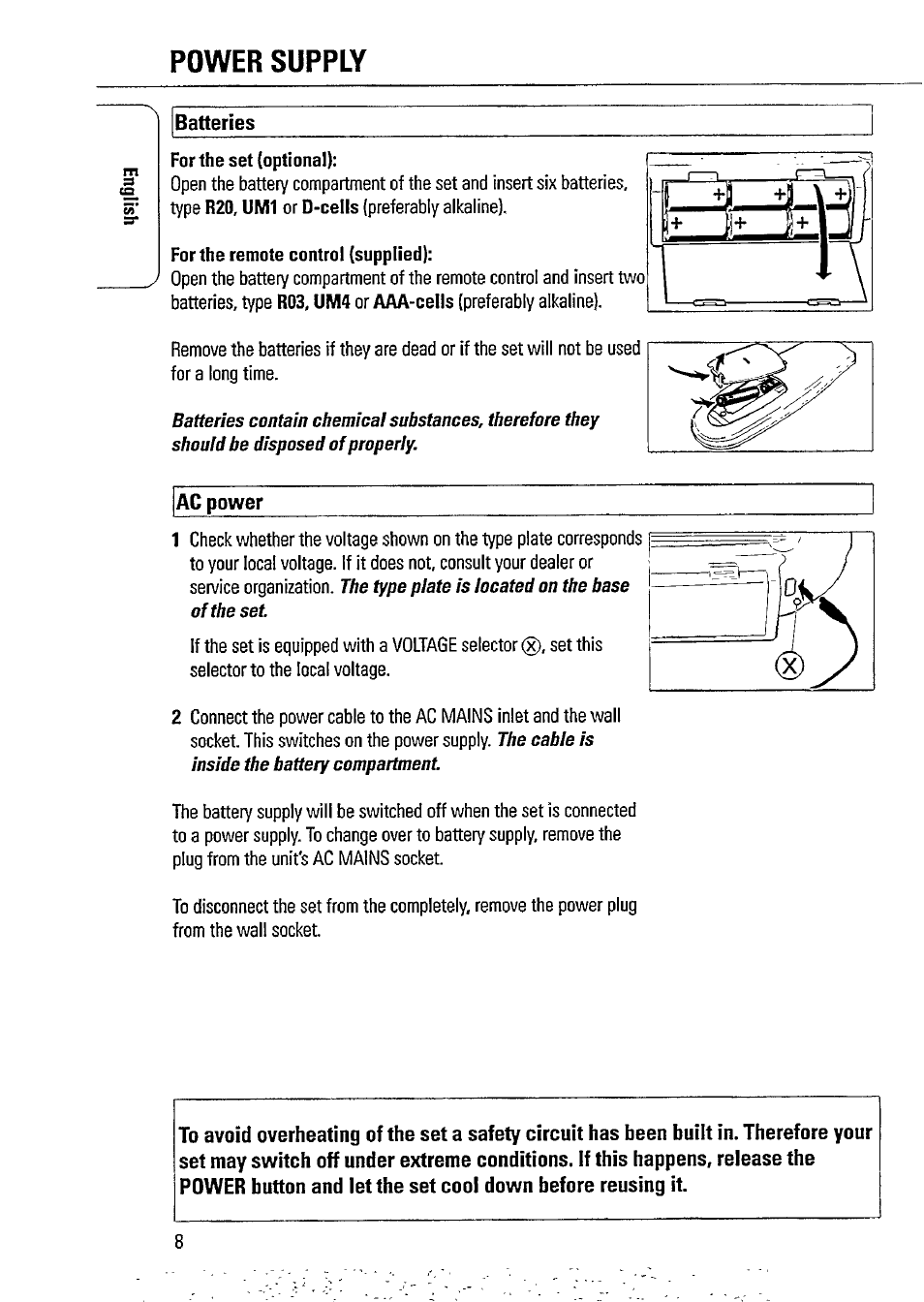 Power supply, Batteries, Ac power | Philips AZ1509-17 User Manual | Page 8 / 24