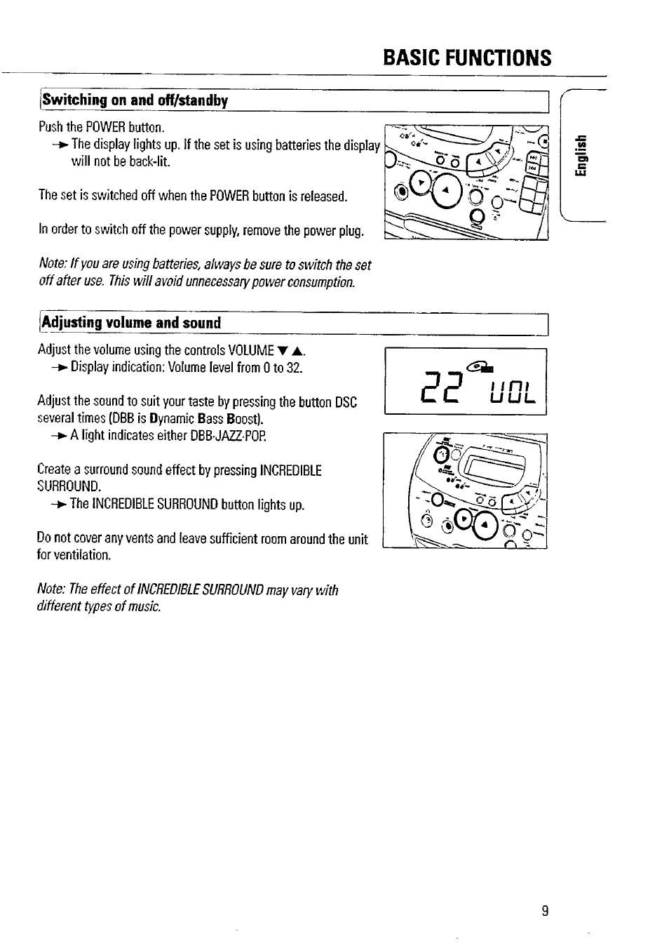 Switching on and off/standby, Adjusting volume and sound, Basic functions | Philips AZ1509-17 User Manual | Page 9 / 24