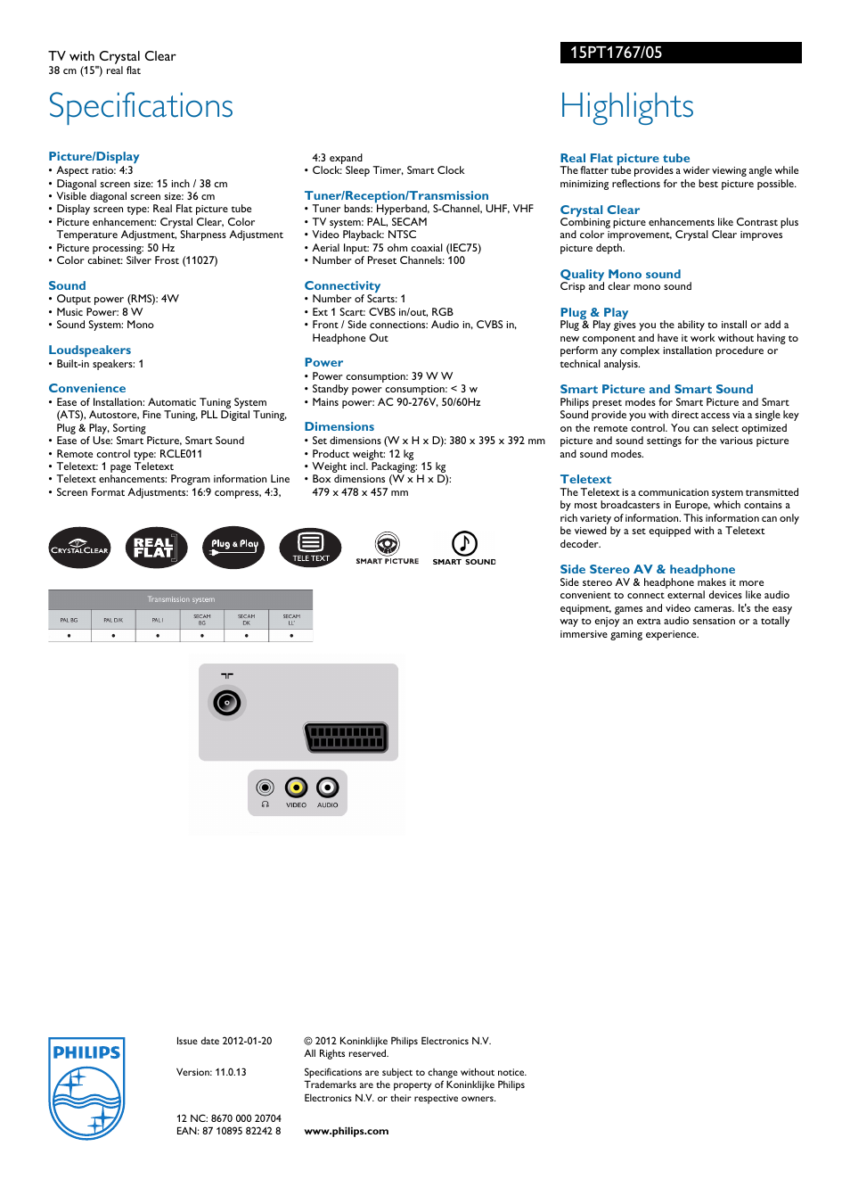 Specifications, Highlights | Philips 15PT1767 User Manual | Page 2 / 2