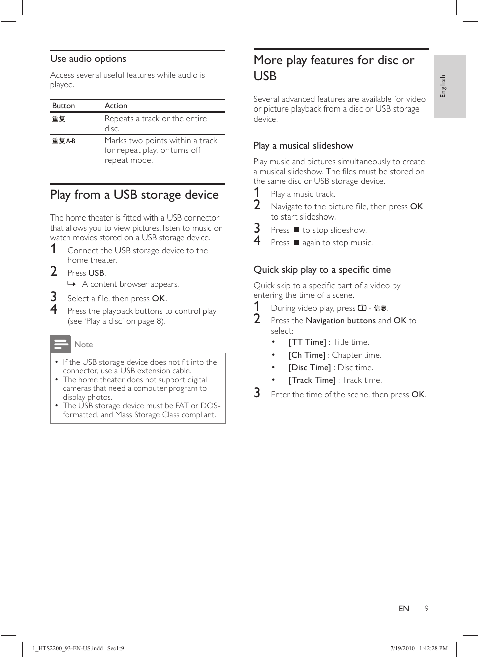 More play features for disc or usb, Play from a usb storage device | Philips HTS2200 User Manual | Page 11 / 18