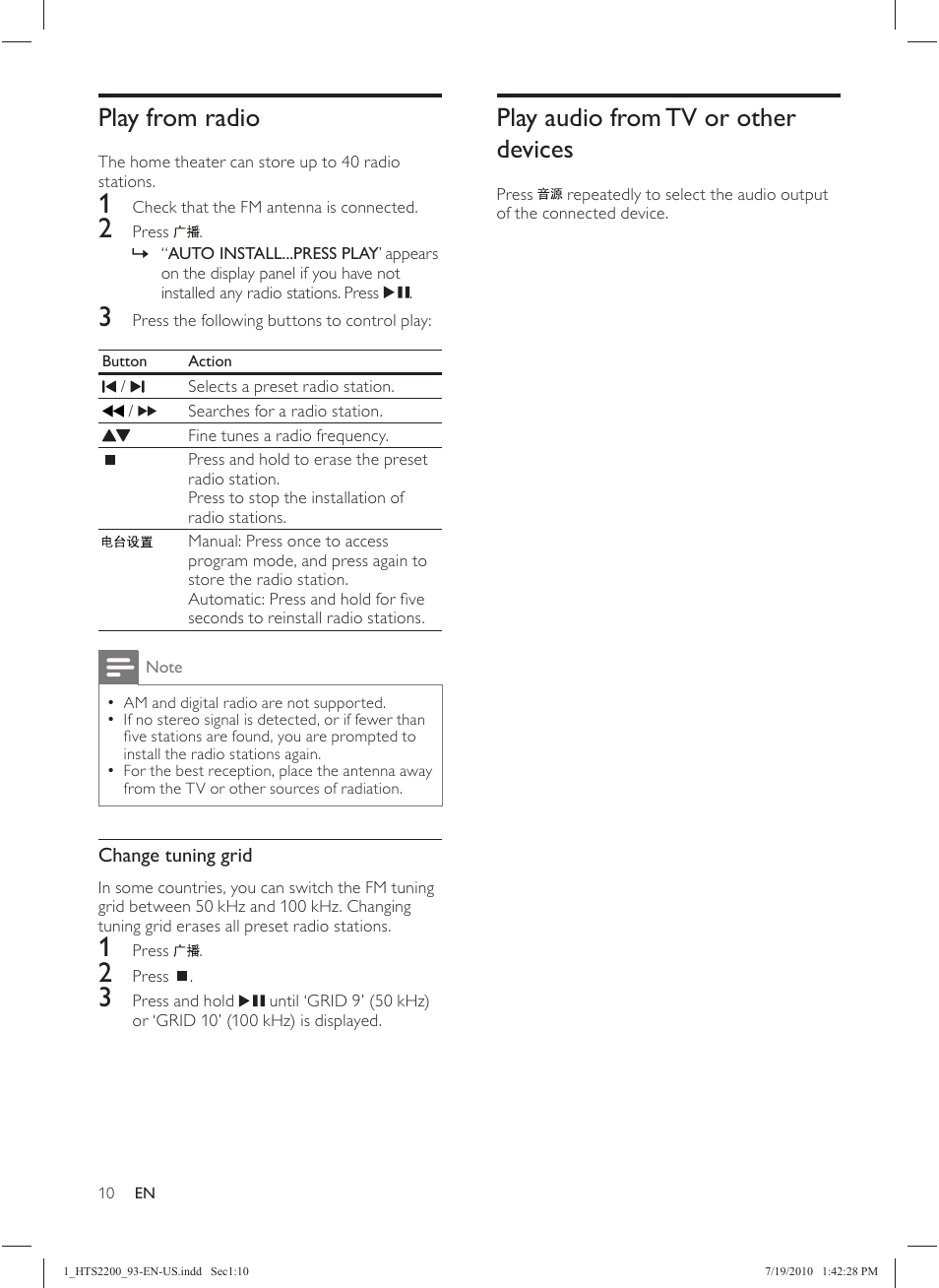 Play audio from tv or other devices, Play from radio | Philips HTS2200 User Manual | Page 12 / 18