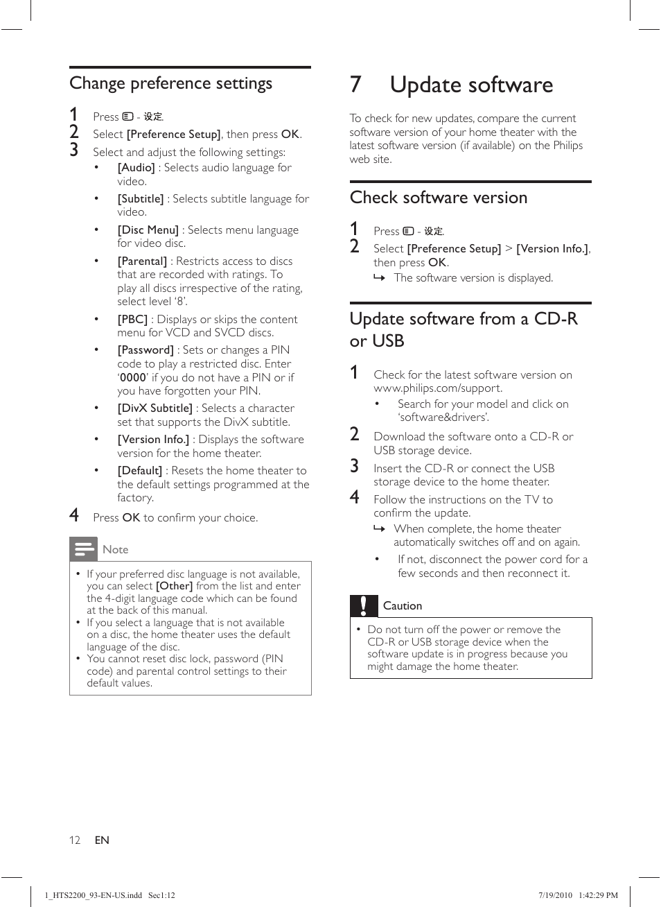 7 update software, Check software version, Update software from a cd-r or usb | Change preference settings | Philips HTS2200 User Manual | Page 14 / 18