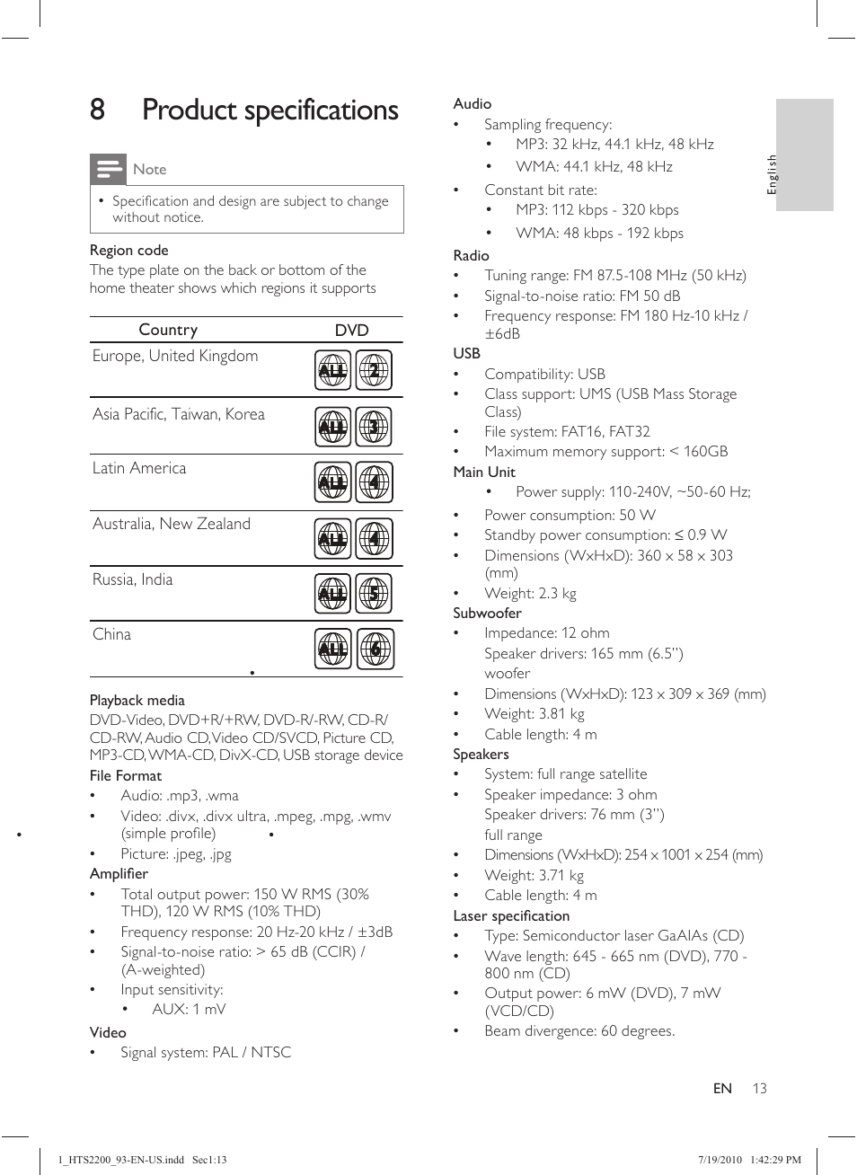 8 product specifications | Philips HTS2200 User Manual | Page 15 / 18