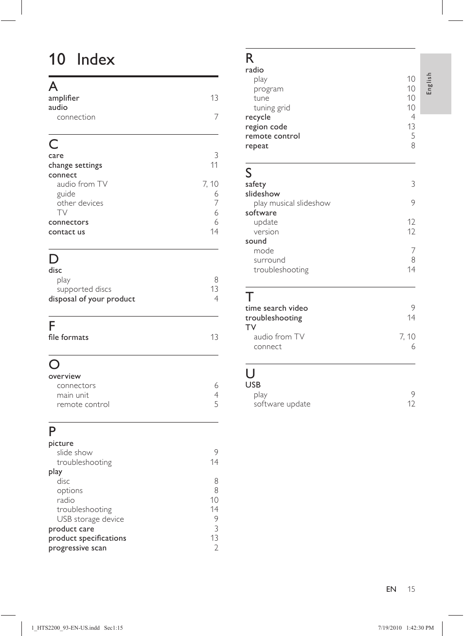 10 index | Philips HTS2200 User Manual | Page 17 / 18