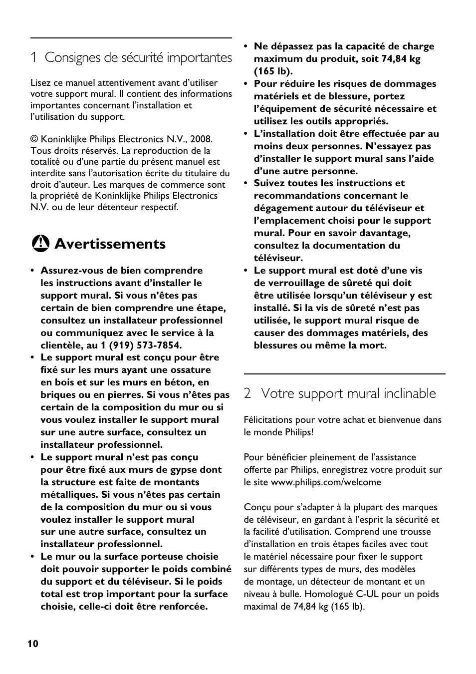 Avertissements, 1 consignes de sécurité importantes, 2 votre support mural inclinable | Philips SQM5322/27 User Manual | Page 10 / 24