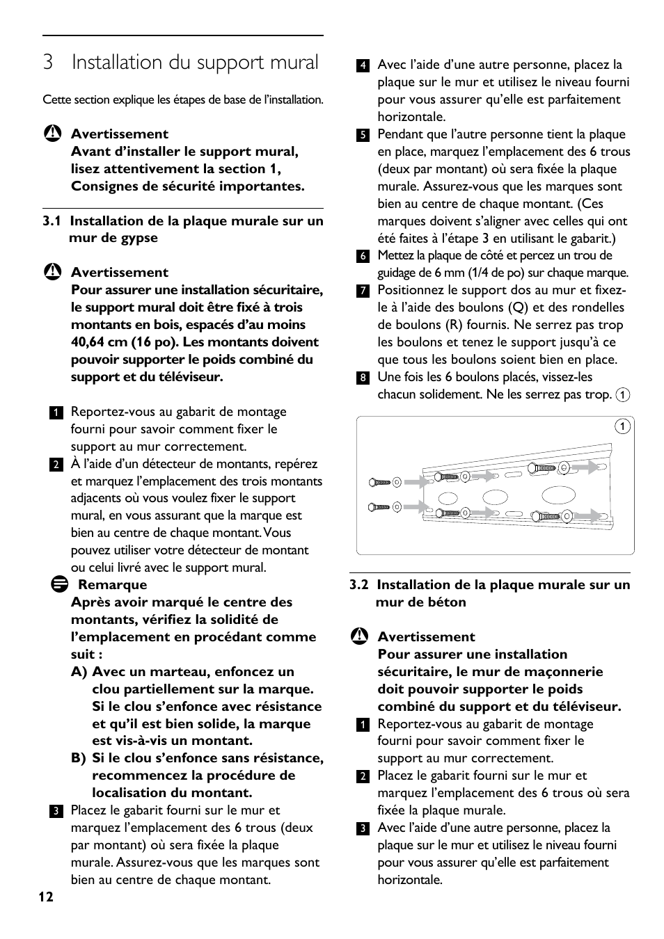 3 installation du support mural | Philips SQM5322/27 User Manual | Page 12 / 24