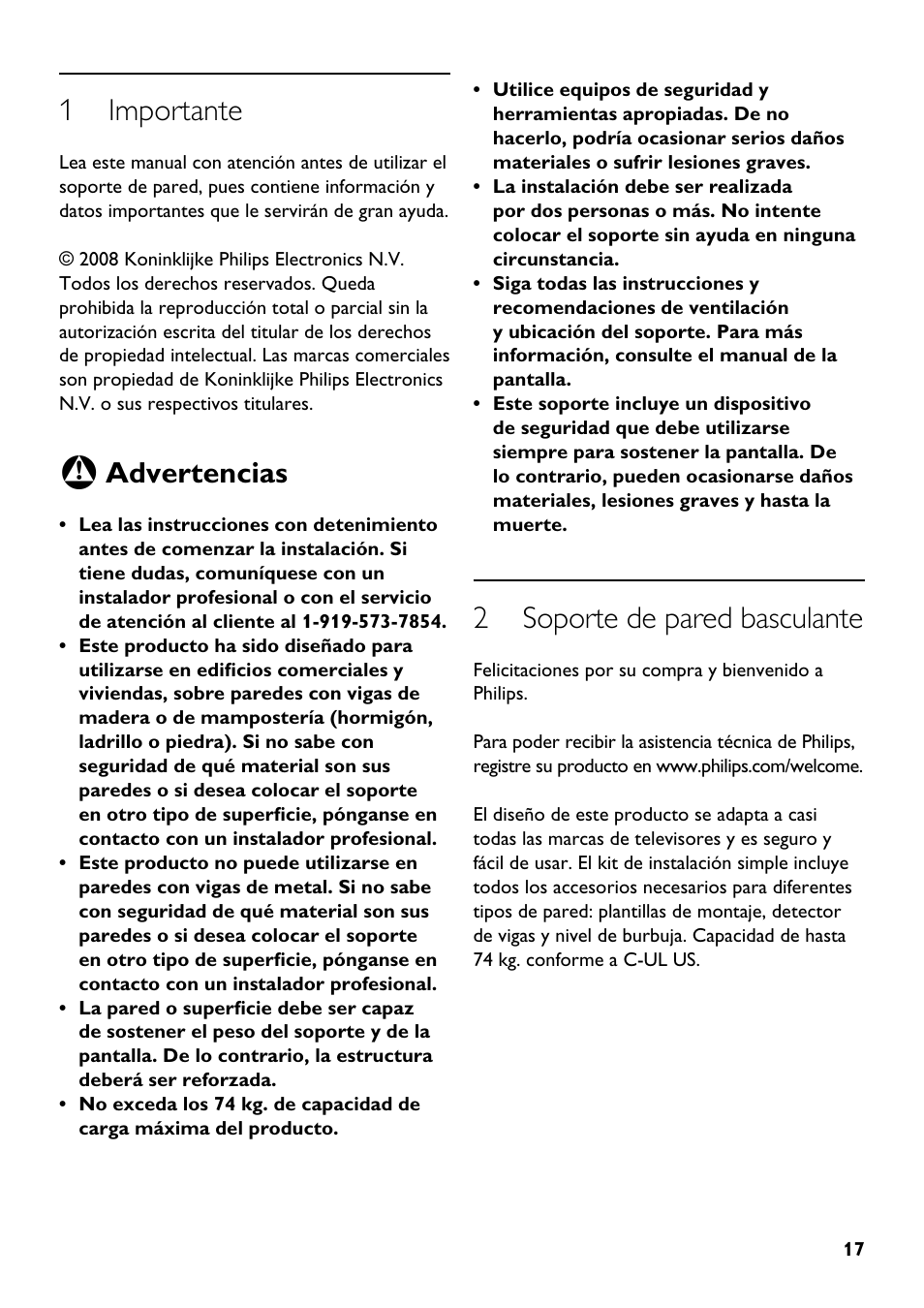 1 importante, 2 soporte de pared basculante, Advertencias | Philips SQM5322/27 User Manual | Page 17 / 24