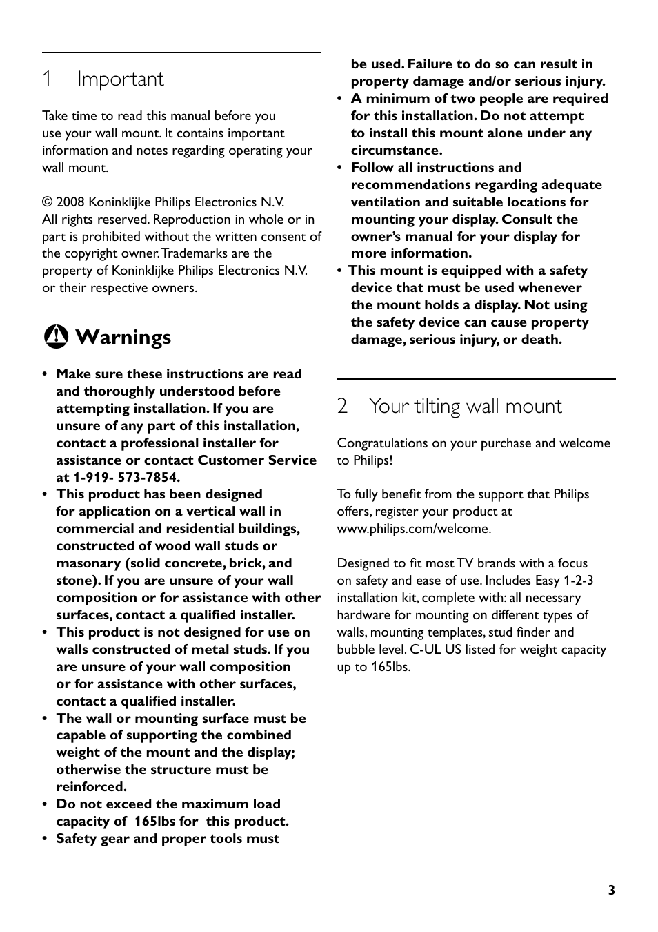 1 important, 2 your tilting wall mount, Warnings | Philips SQM5322/27 User Manual | Page 3 / 24