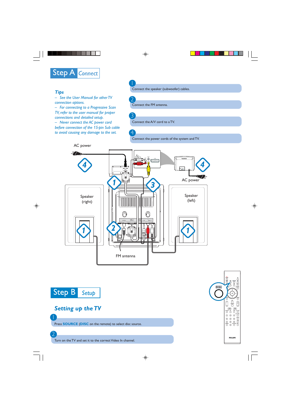 Setting up the tv 1 2 | Philips MCD288/12 User Manual | Page 2 / 4