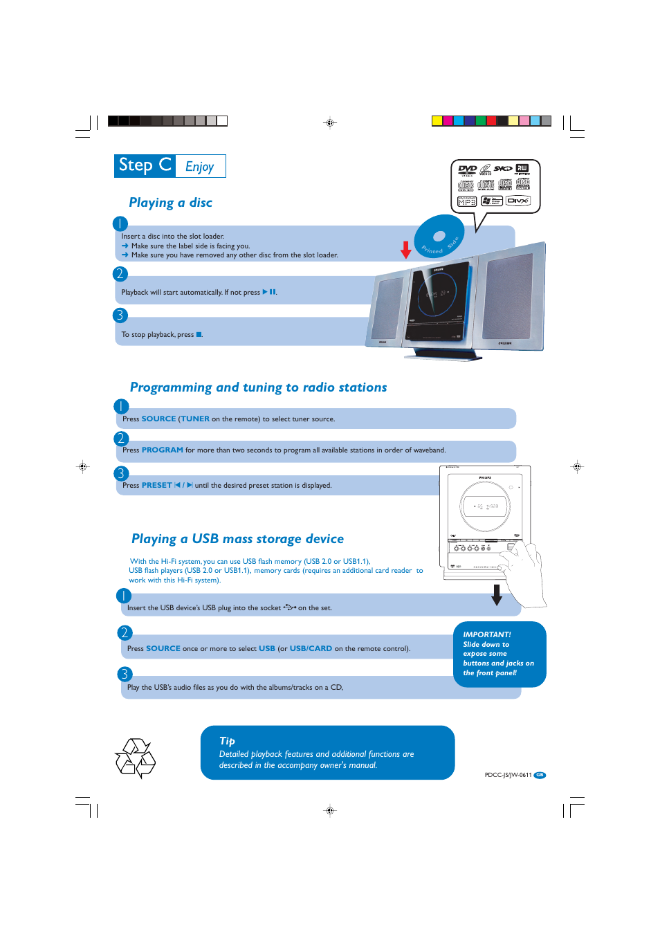 Playing a disc 1 2 3, Programming and tuning to radio stations 1 2 3, Playing a usb mass storage device | Philips MCD288/12 User Manual | Page 4 / 4