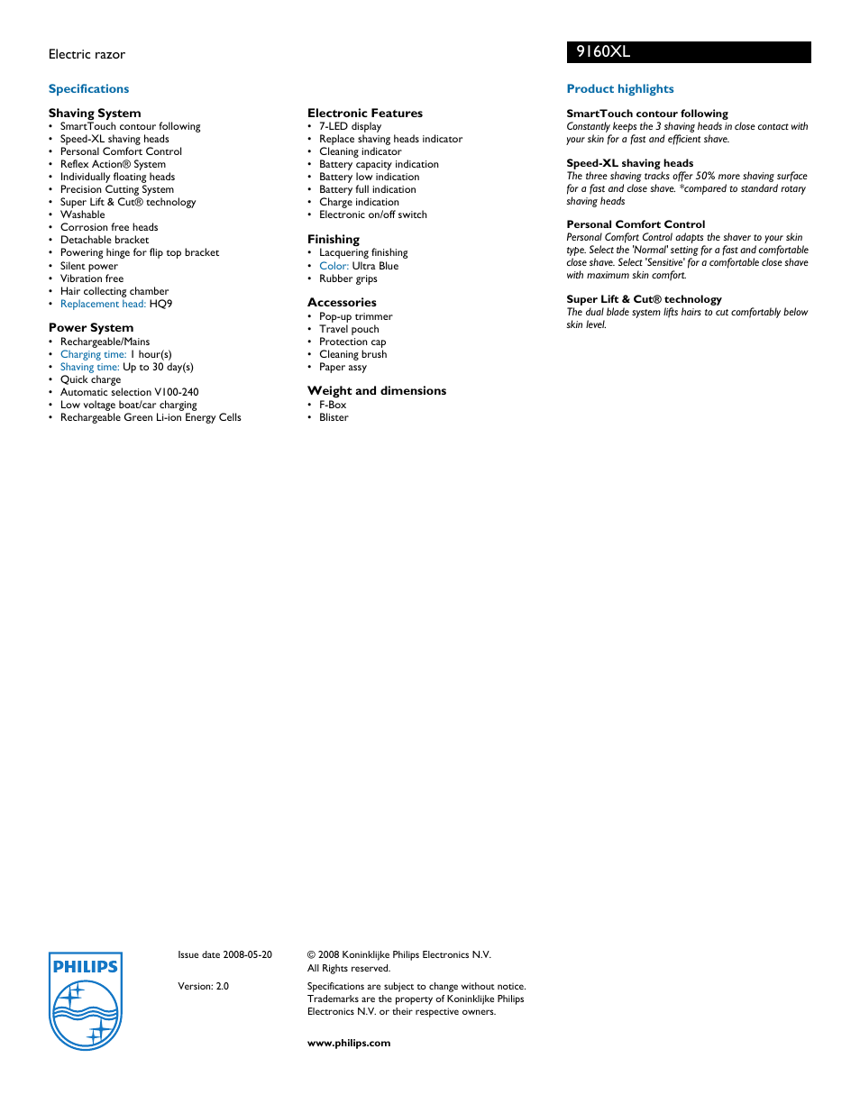 9160xl | Philips electric razor HQ9160 User Manual | Page 2 / 2