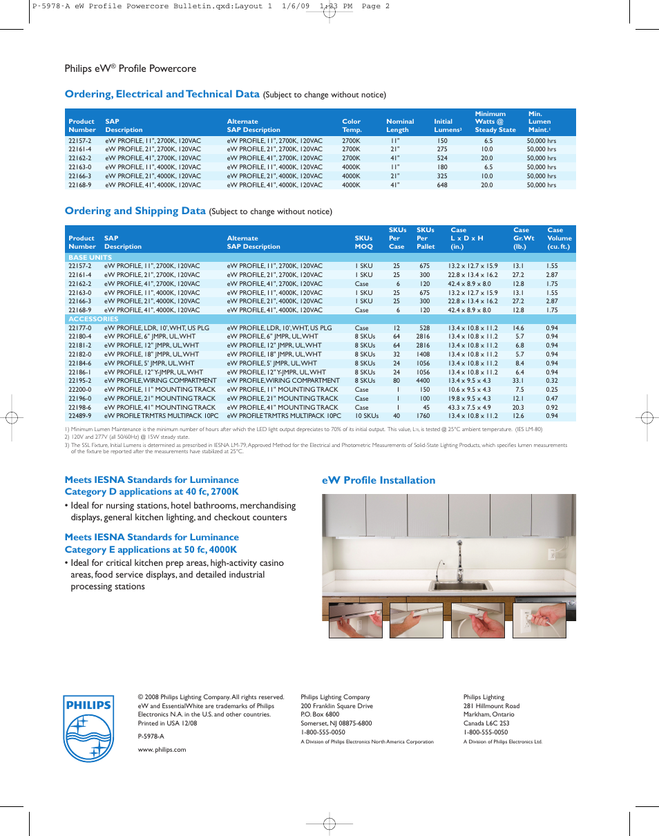 Philips ew, Ordering and shipping data, Ew profile installation | Philips eW Profile P-5978-A User Manual | Page 2 / 2