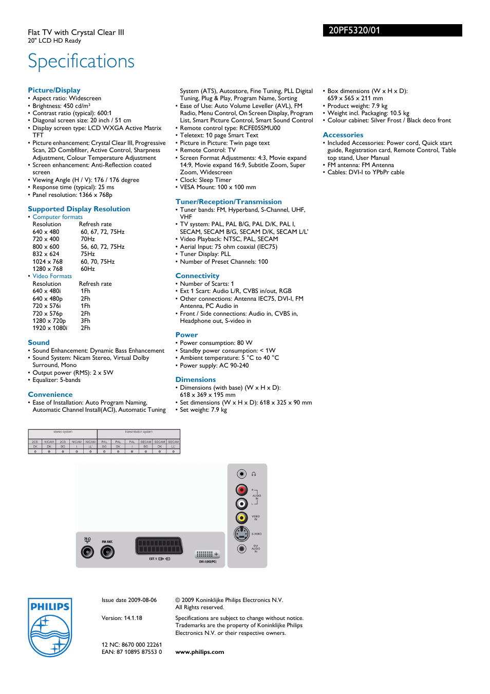 Specifications | Philips 20PF5320 User Manual | Page 3 / 3