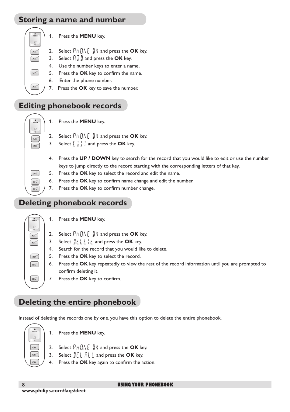 Storing a name and number, Editing phonebook records, Deleting phonebook records | Deleting the entire phonebook | Philips DECT2250 User Manual | Page 10 / 57