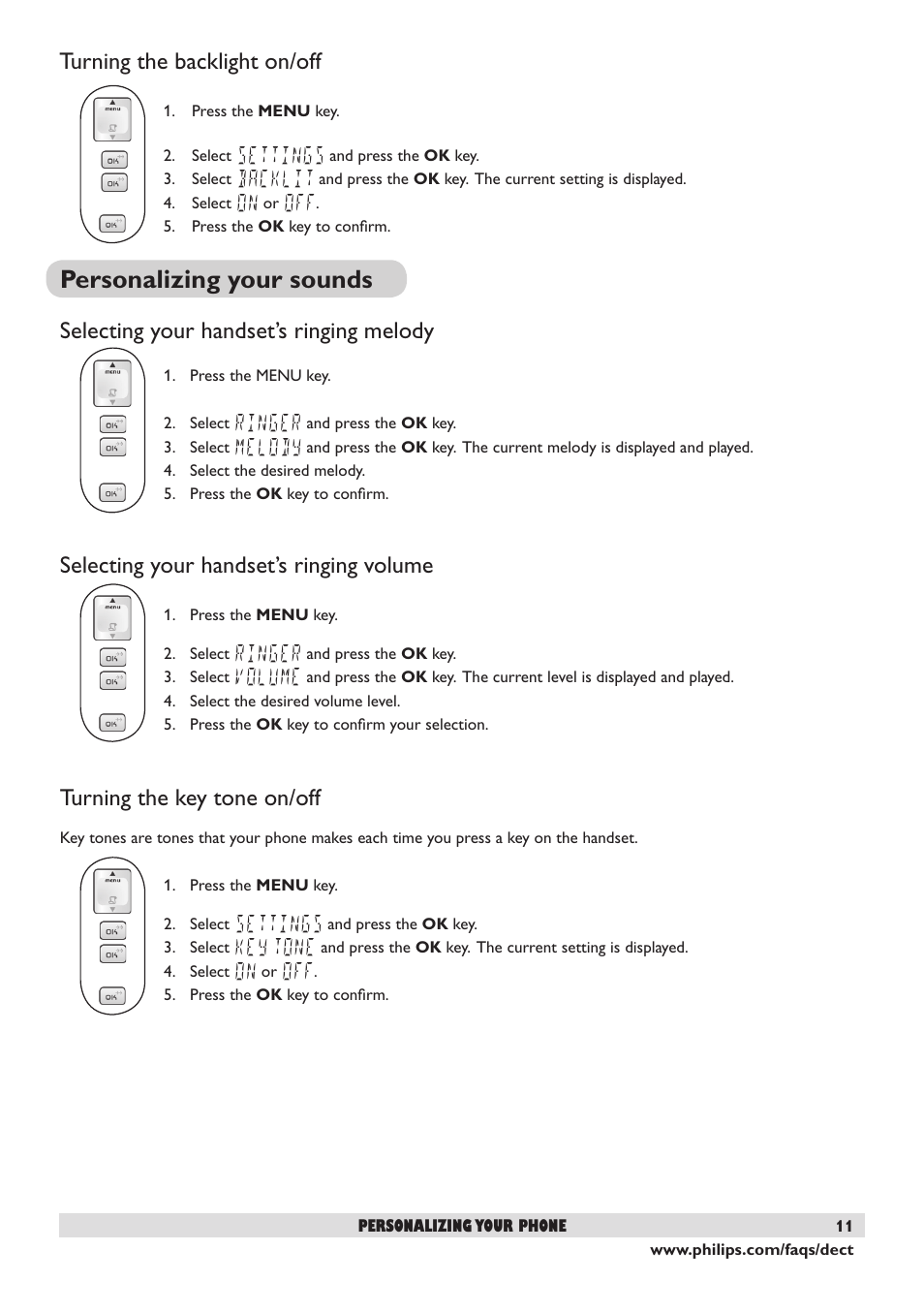 Personalizing your sounds, Turning the backlight on/off, Selecting your handset’s ringing melody | Selecting your handset’s ringing volume, Turning the key tone on/off | Philips DECT2250 User Manual | Page 13 / 57