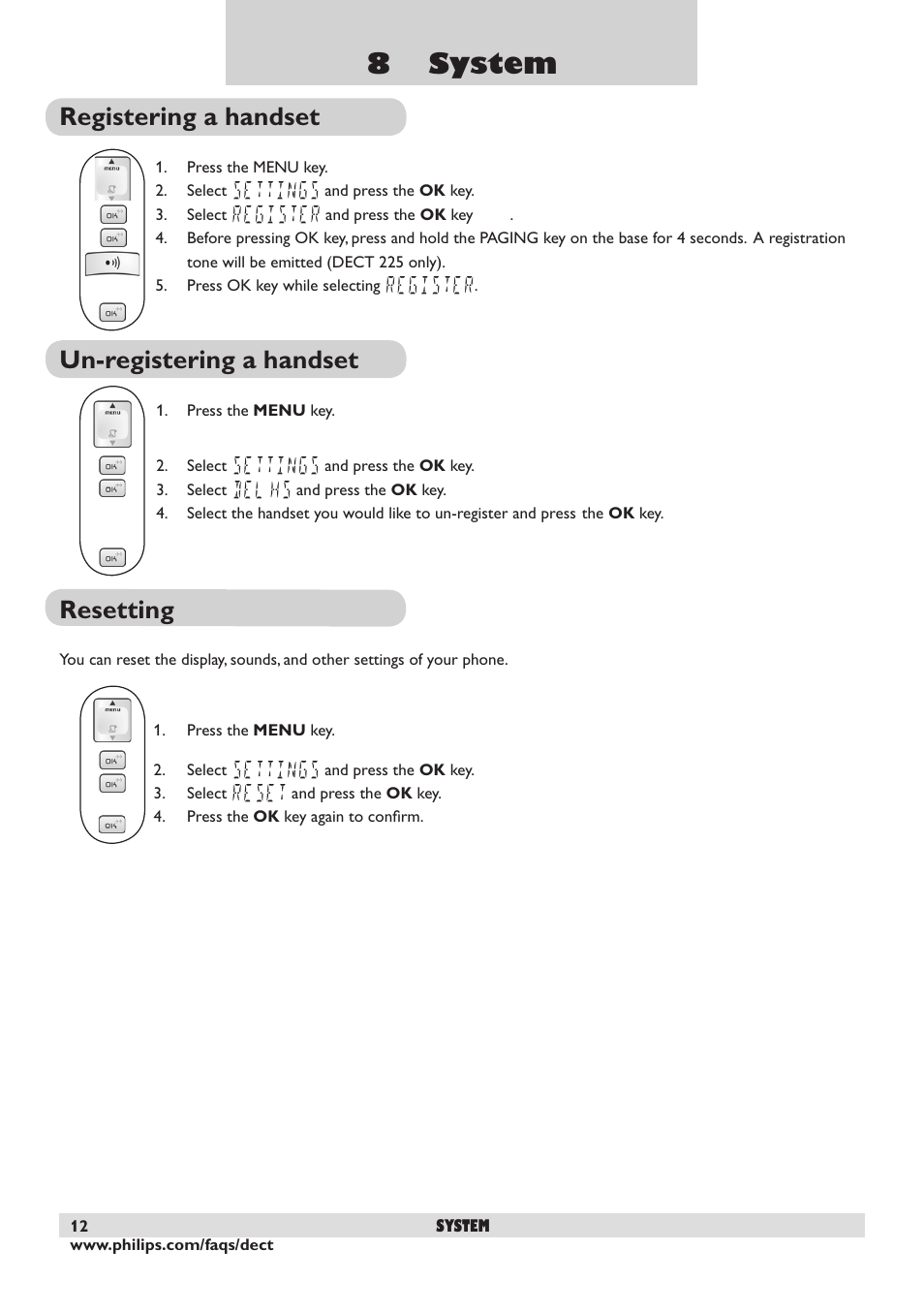 8 system, Resetting, Registering a handset | Un-registering a handset | Philips DECT2250 User Manual | Page 14 / 57