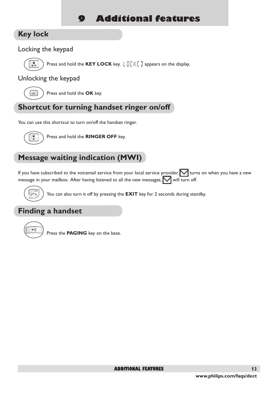 9 additional features, Key lock, Shortcut for turning handset ringer on/off | Message waiting indication (mwi), Finding a handset, Locking the keypad, Unlocking the keypad | Philips DECT2250 User Manual | Page 15 / 57