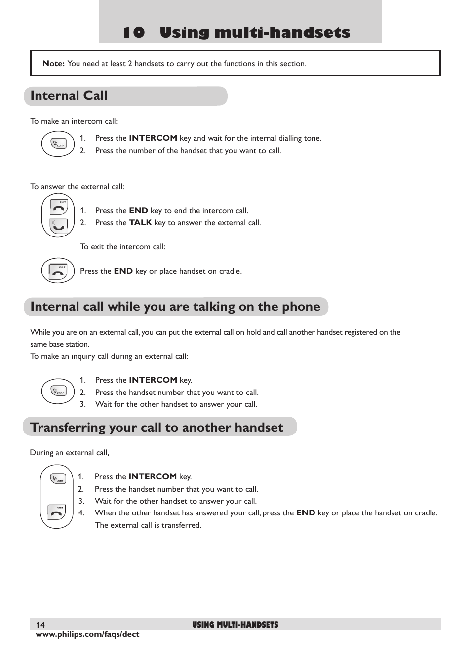 10 using multi-handsets, Internal call, Internal call while you are talking on the phone | Transferring your call to another handset | Philips DECT2250 User Manual | Page 16 / 57