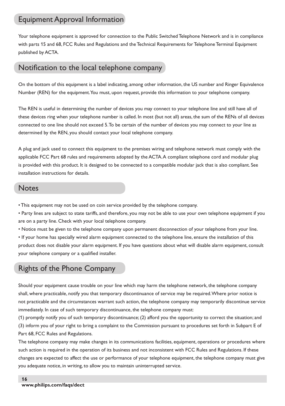 Equipment approval information, Notiﬁcation to the local telephone company, Rights of the phone company | Philips DECT2250 User Manual | Page 18 / 57