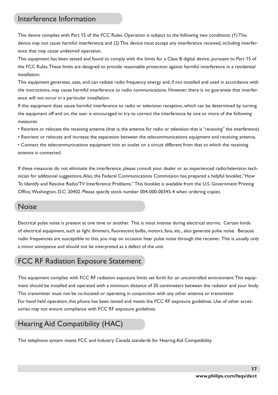 Interference information, Noise, Fcc rf radiation exposure statement | Hearing aid compatibility (hac) | Philips DECT2250 User Manual | Page 19 / 57