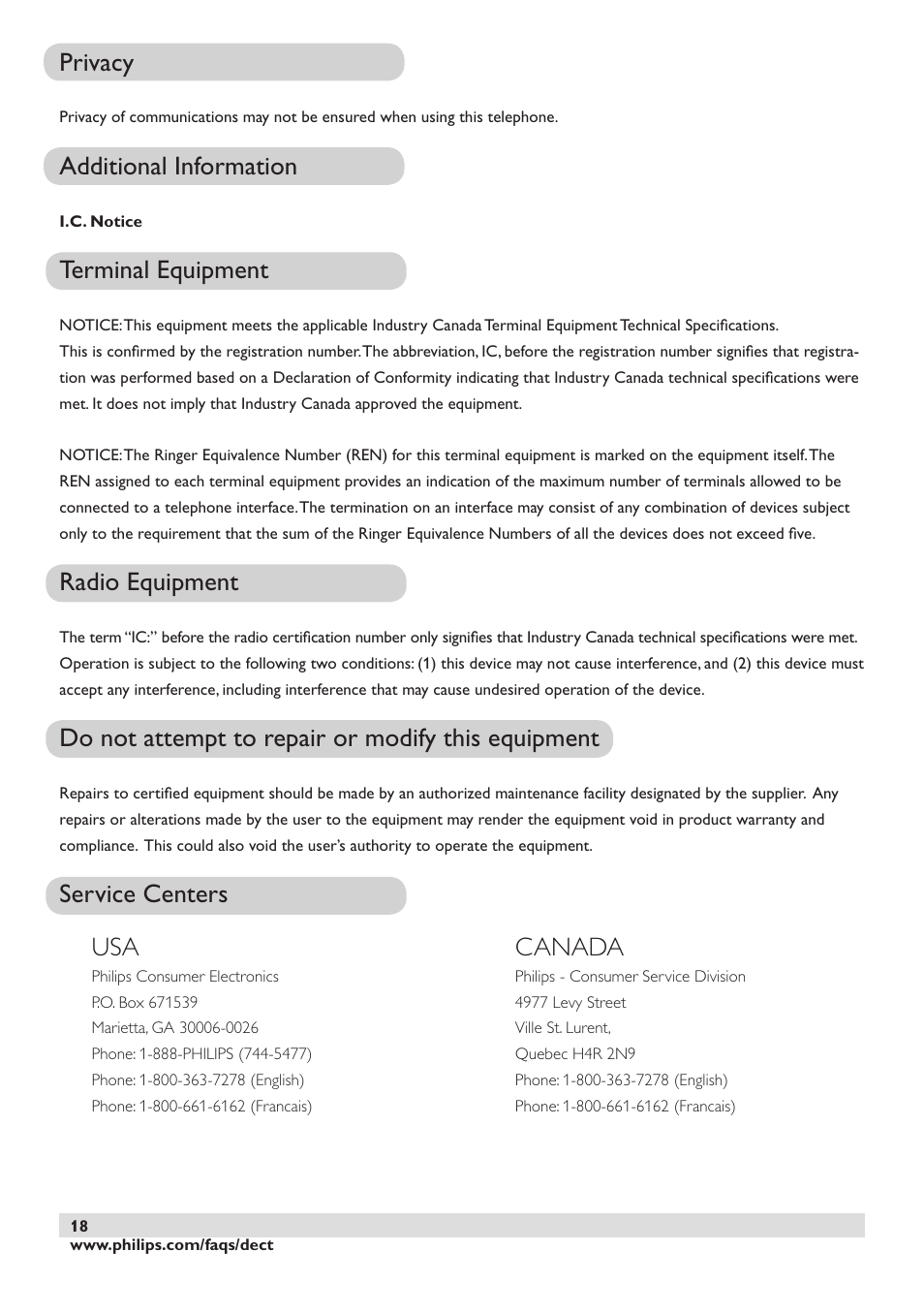 Privacy, Additional information, Terminal equipment | Radio equipment, Do not attempt to repair or modify this equipment, Service centers usa, Canada | Philips DECT2250 User Manual | Page 20 / 57