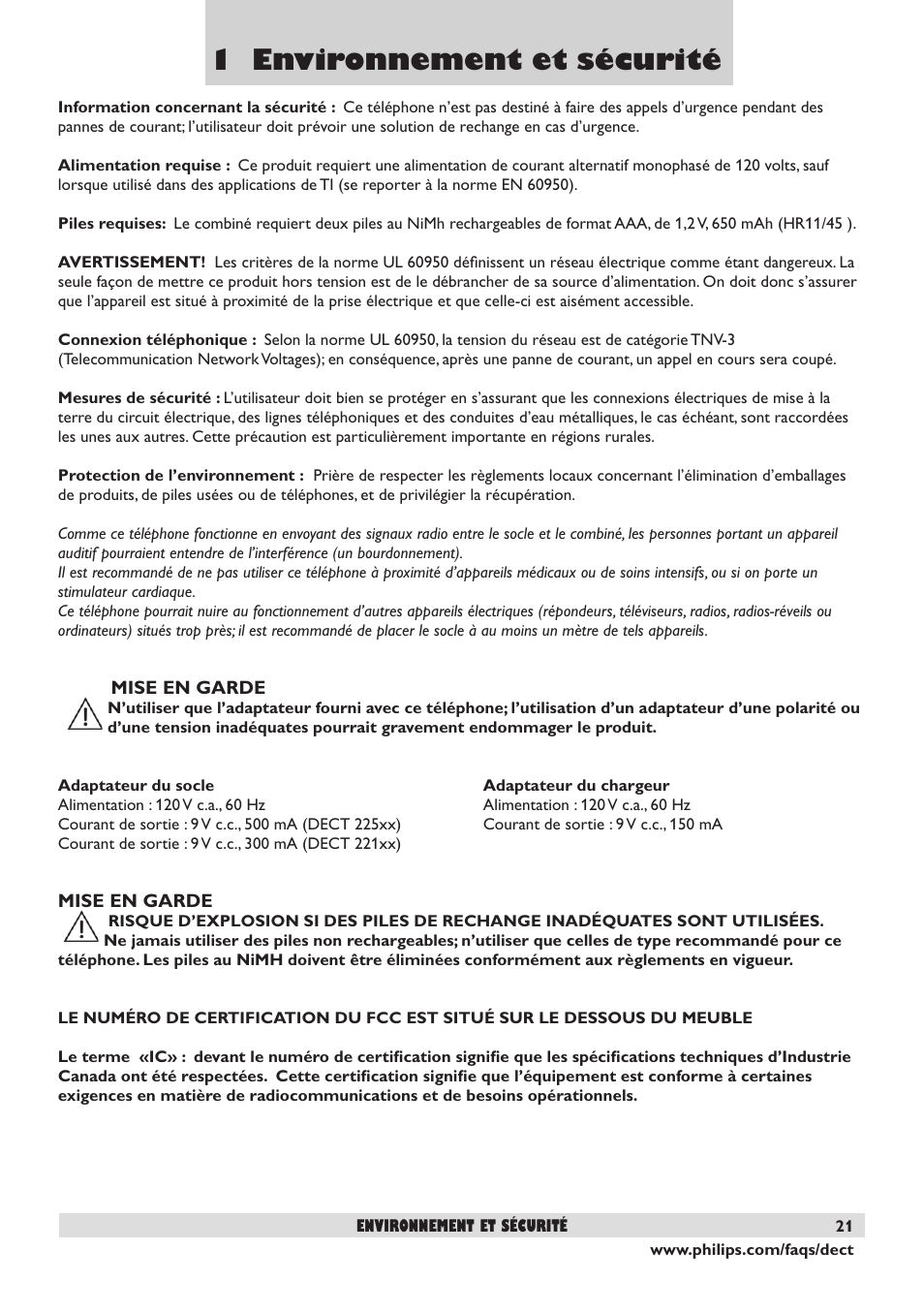 1 environnement et sécurité | Philips DECT2250 User Manual | Page 23 / 57