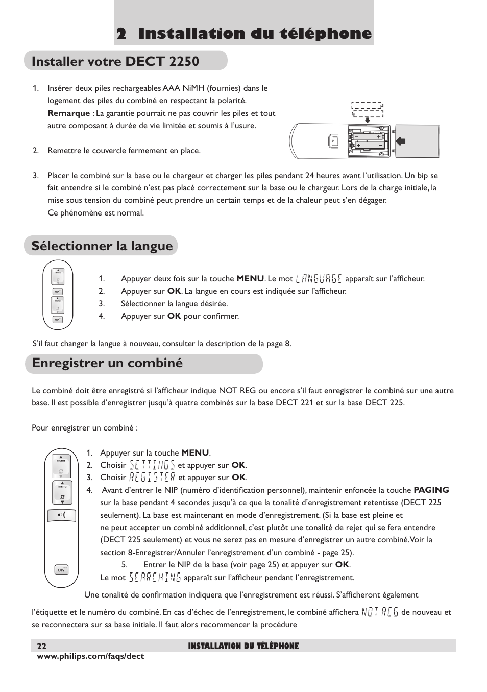 2 installation du téléphone, Installer votre dect 2250, Sélectionner la langue | Enregistrer un combiné | Philips DECT2250 User Manual | Page 24 / 57