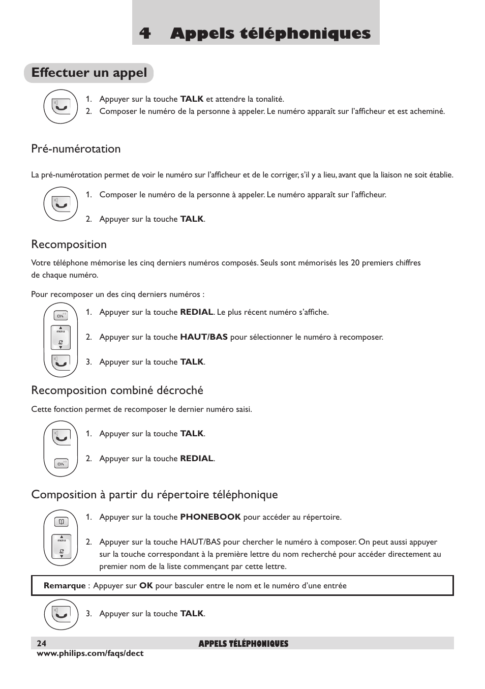 4 appels téléphoniques, Effectuer un appel, Pré-numérotation | Recomposition, Recomposition combiné décroché, Composition à partir du répertoire téléphonique | Philips DECT2250 User Manual | Page 26 / 57