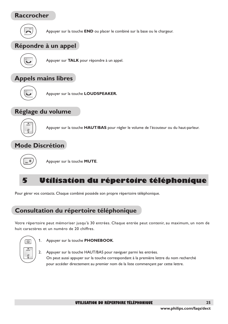 5 utilisation du répertoire téléphonique, Consultation du répertoire téléphonique, Raccrocher | Répondre à un appel, Appels mains libres, Réglage du volume, Mode discrétion | Philips DECT2250 User Manual | Page 27 / 57