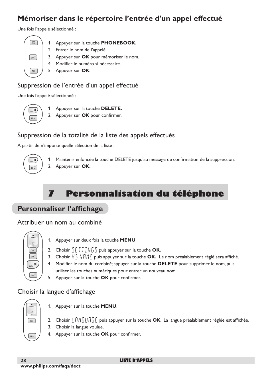 7 personnalisation du téléphone, Personnaliser l’afﬁchage, Suppression de l’entrée d’un appel effectué | Attribuer un nom au combiné, Choisir la langue d’afﬁchage | Philips DECT2250 User Manual | Page 30 / 57