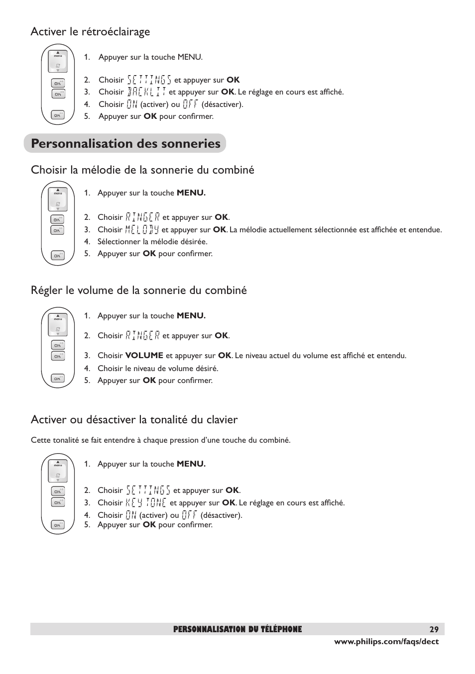 Personnalisation des sonneries, Activer le rétroéclairage, Choisir la mélodie de la sonnerie du combiné | Régler le volume de la sonnerie du combiné, Activer ou désactiver la tonalité du clavier | Philips DECT2250 User Manual | Page 31 / 57