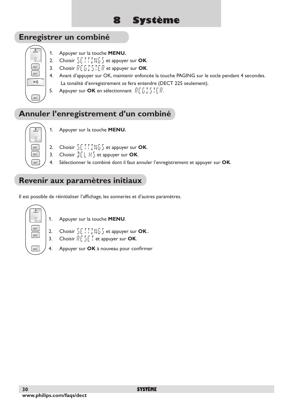 8 système, Enregistrer un combiné, Annuler l’enregistrement d’un combiné | Revenir aux paramètres initiaux | Philips DECT2250 User Manual | Page 32 / 57