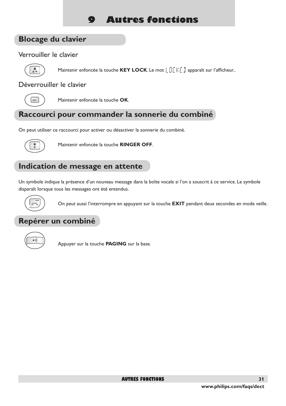 9 autres fonctions, Blocage du clavier, Raccourci pour commander la sonnerie du combiné | Indication de message en attente, Repérer un combiné, Verrouiller le clavier, Déverrouiller le clavier | Philips DECT2250 User Manual | Page 33 / 57