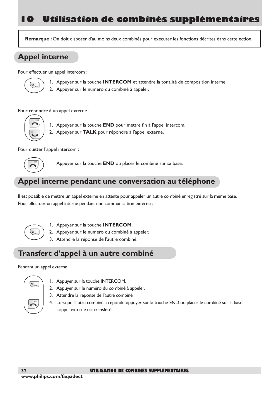10 utilisation de combinés supplémentaires, Appel interne, Transfert d’appel à un autre combiné | Philips DECT2250 User Manual | Page 34 / 57