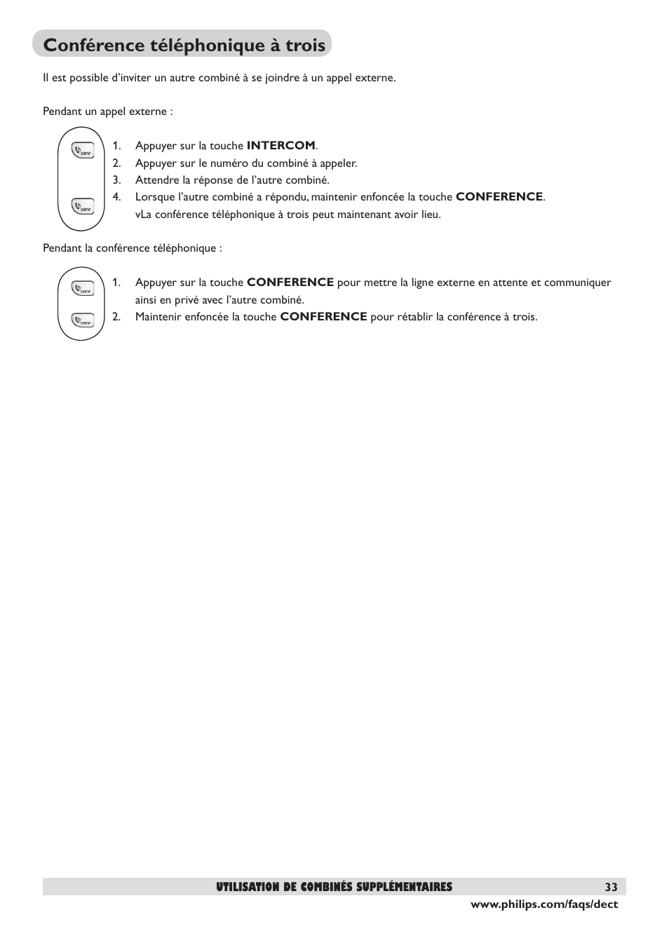 Conférence téléphonique à trois | Philips DECT2250 User Manual | Page 35 / 57