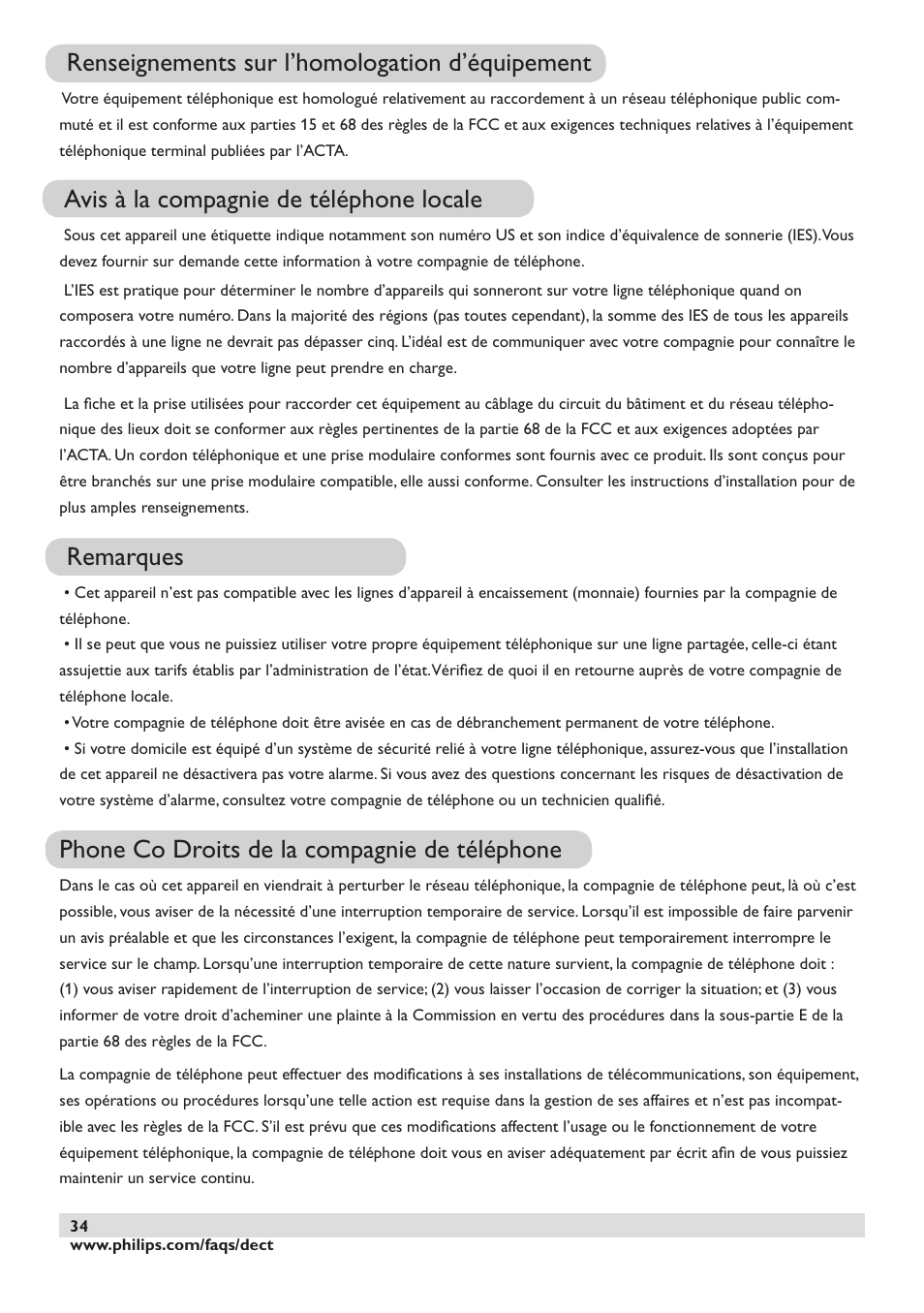 Renseignements sur l’homologation d’équipement, Avis à la compagnie de téléphone locale, Remarques | Phone co droits de la compagnie de téléphone | Philips DECT2250 User Manual | Page 36 / 57