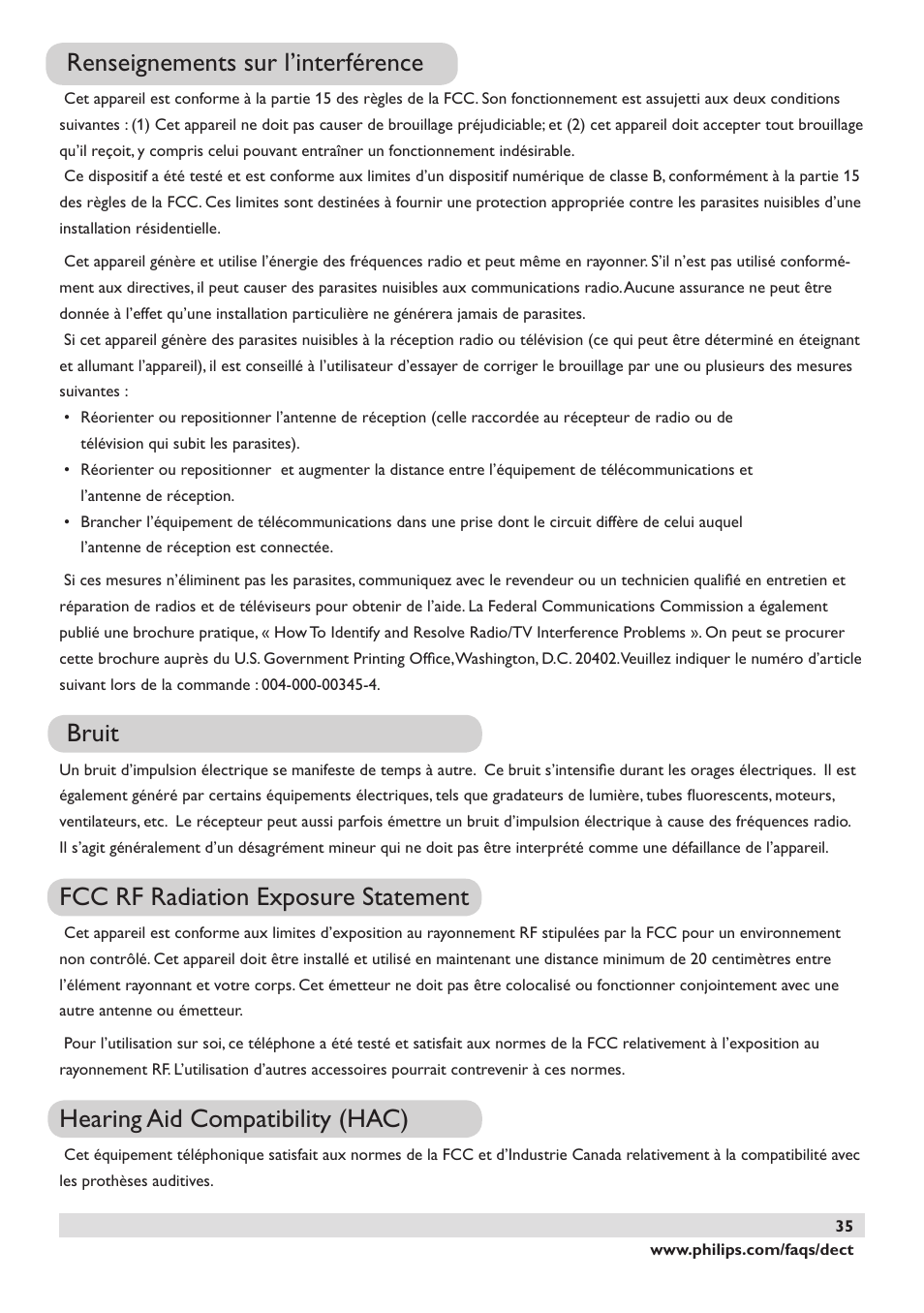 Renseignements sur l’interférence, Bruit, Fcc rf radiation exposure statement | Hearing aid compatibility (hac) | Philips DECT2250 User Manual | Page 37 / 57