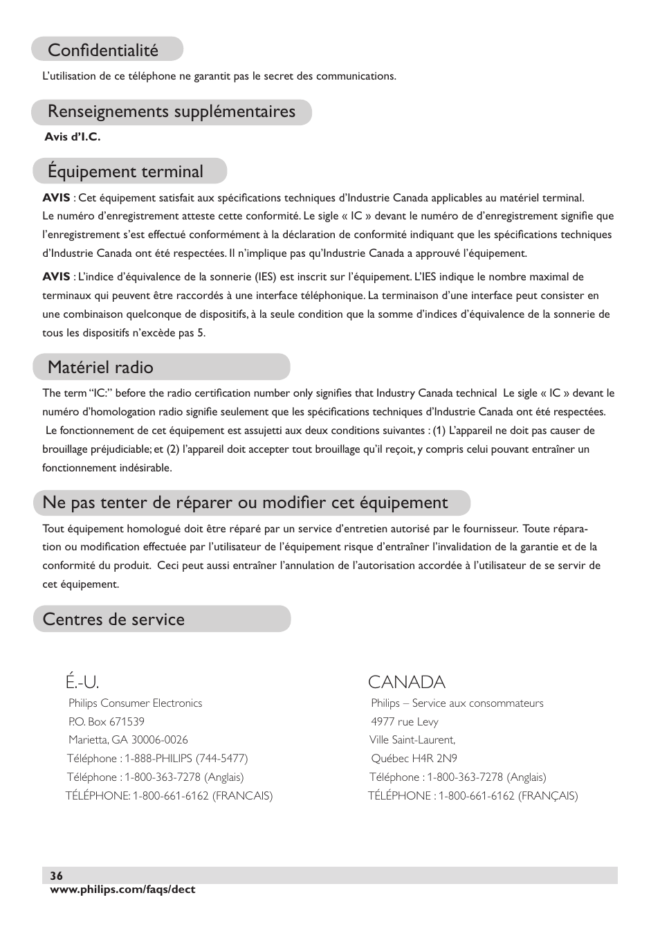 Conﬁdentialité, Renseignements supplémentaires, Équipement terminal | Matériel radio, Ne pas tenter de réparer ou modiﬁer cet équipement, Centres de service é.-u, Canada | Philips DECT2250 User Manual | Page 38 / 57