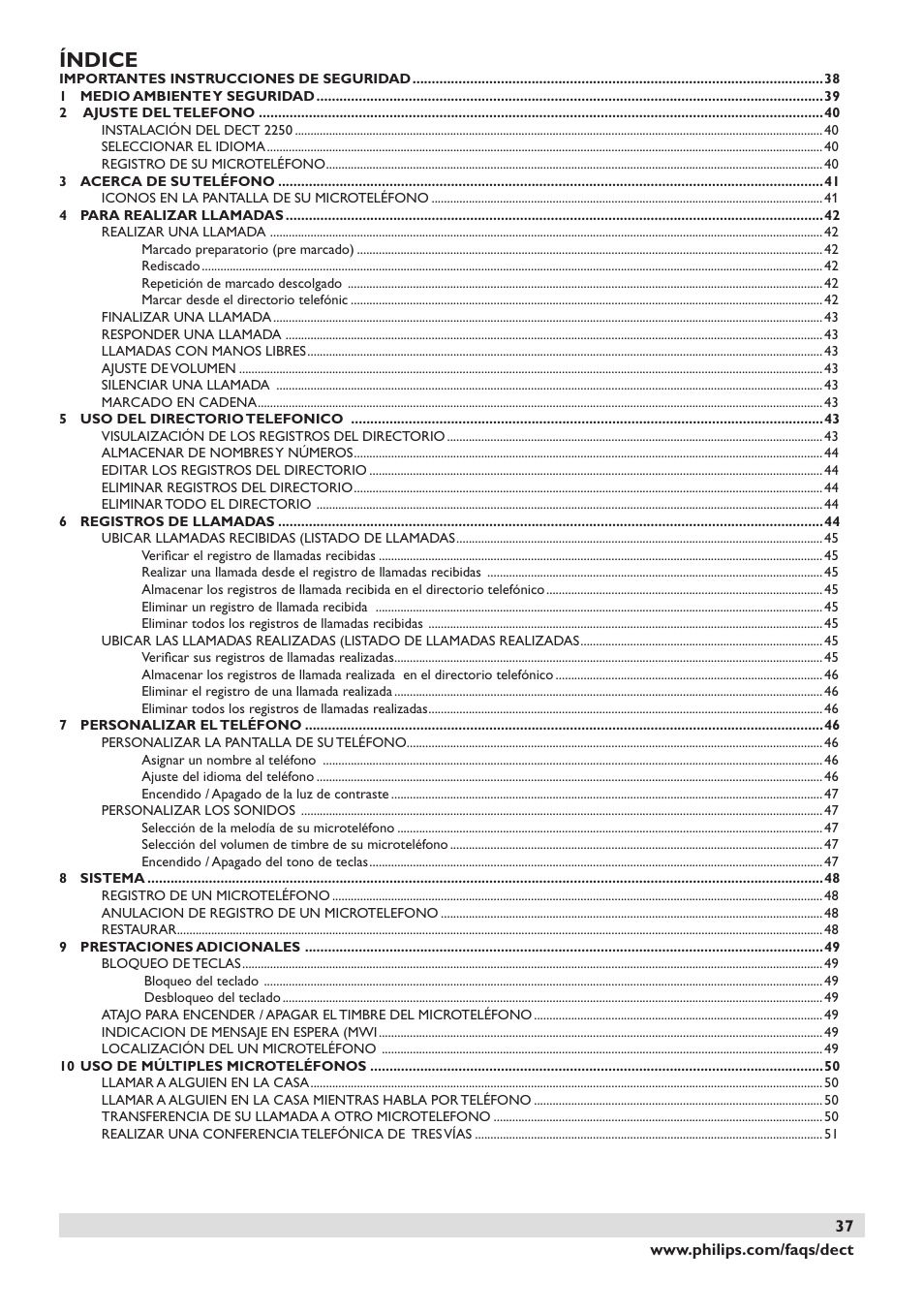 Índice | Philips DECT2250 User Manual | Page 39 / 57